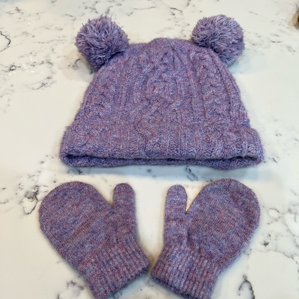 Purple Double Pom Pom Hat Beanie Mittens Set 12-24 Month.
